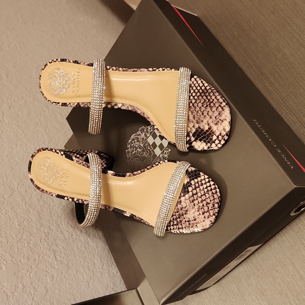VINCE CAMUTO MAGALY SNAKE PRINT EMBELLISHED BLOCK-HEEL SANDAL
